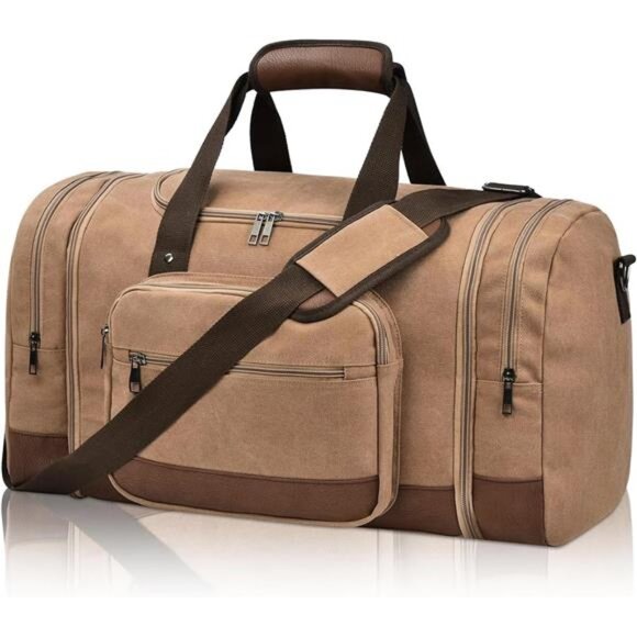 Mens Canvas Travel Duffel Bags, Brown - Picture 1 of 6